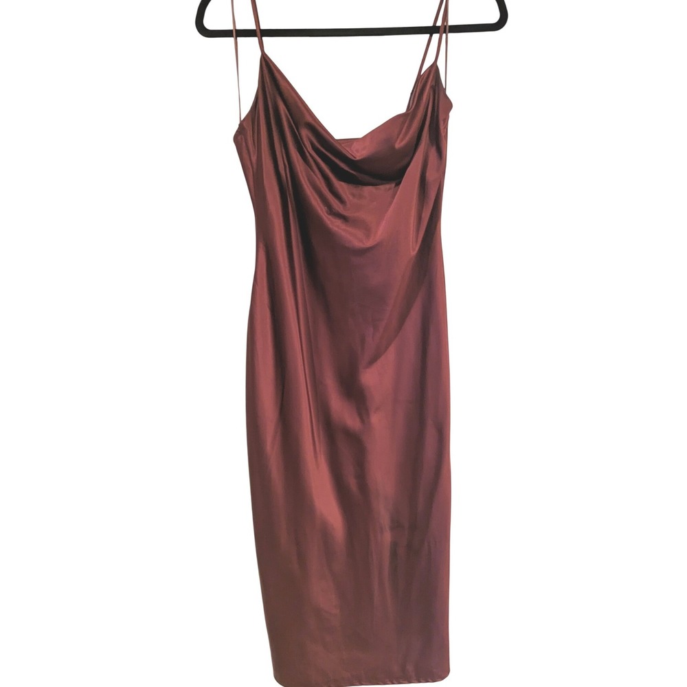 Lovely Day Cowl Neck Midi Dress M Burgundy Satin Spaghetti Strap Cocktail Glam